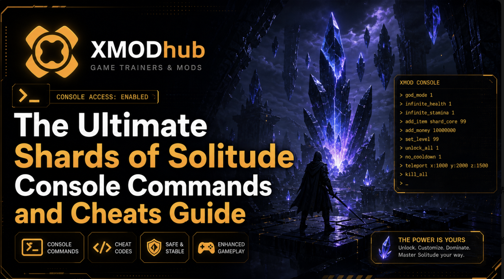 Shards of Solitude console commands and cheats guide with XMODhub logo