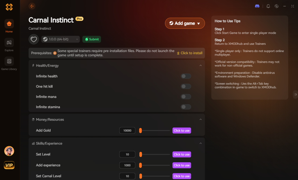 Трейнер XMODhub для Carnal Instinct: панель управления модами на здоровье, золото и опыт.