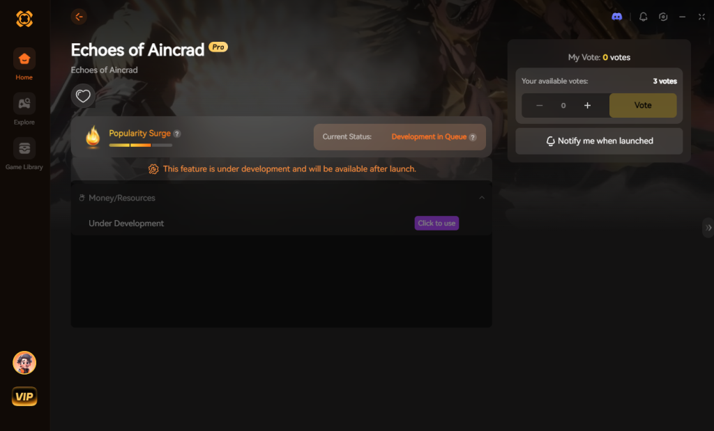 Echoes of Aincrad game trainer interface showing popularity surge status and development queue