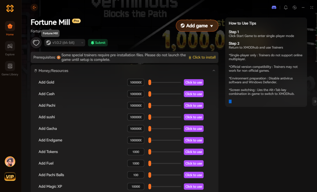 Fortune Mill game trainer interface displaying various resource modification options such as Gold, Cash, and Magic XP