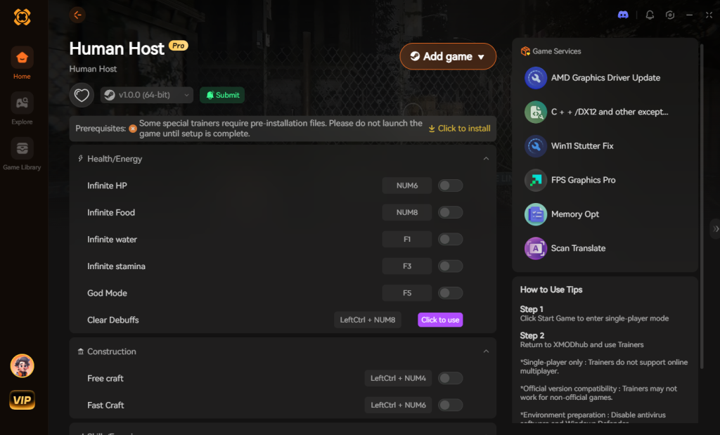 Human Host game trainer interface showing development status and voting options