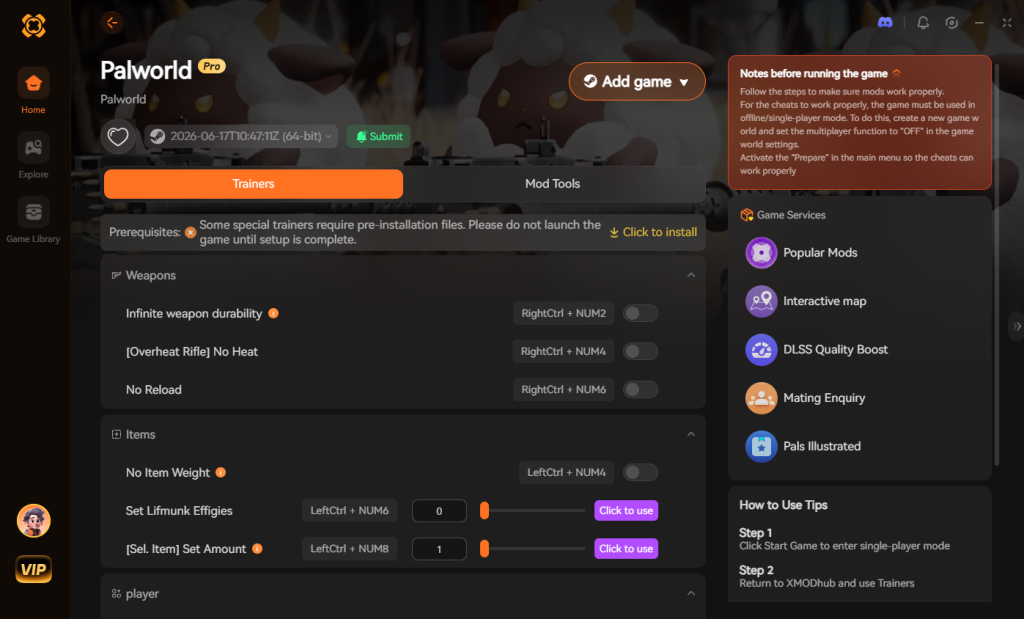 XMODhub trainer for Palworld: Weapon durability and item weight mods dashboard.