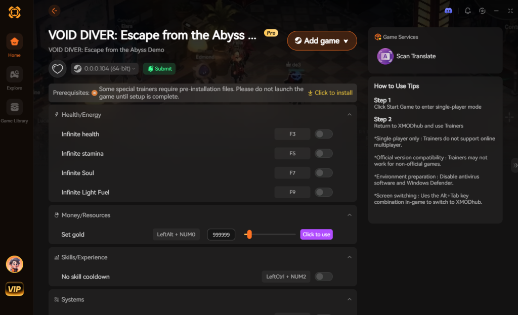 VOID DIVER: Escape from the Abyss PC game trainer interface showing health, soul, and gold cheats