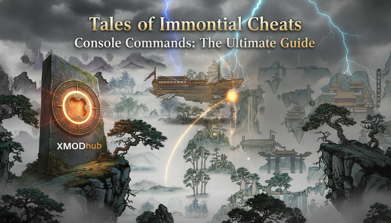 Cinematic style illustration for Tales of Immortal Cheats and Console Commands: The Ultimate Guide, featuring traditional Chinese landscape art and XMODhub logo