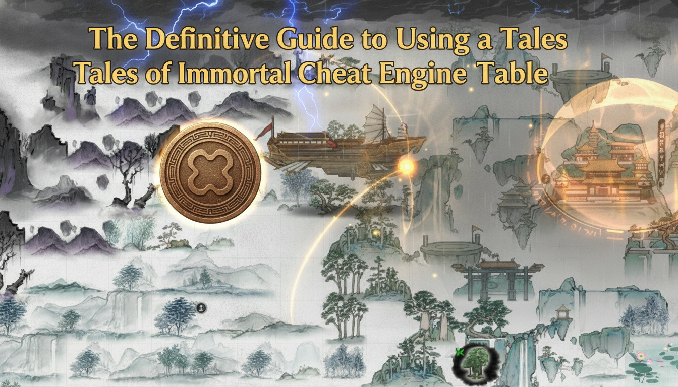 Cinematic style illustration for The Definitive Guide to Using a Tales of Immortal Cheat Engine Table featuring traditional Chinese landscape art style