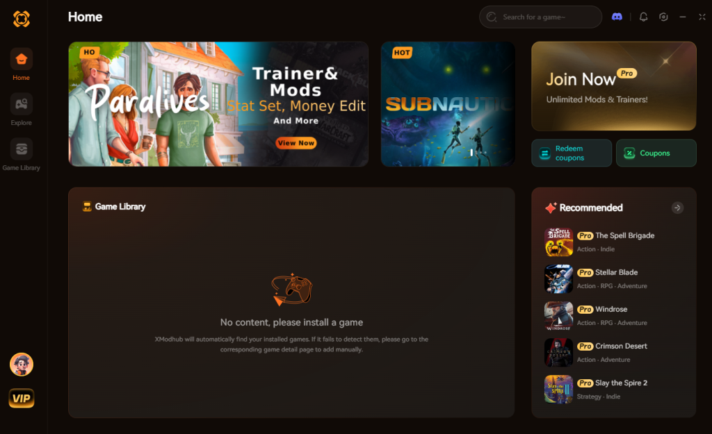 XMODhub client dashboard: Manage your favorite game mods and trainers.