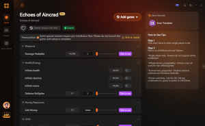 Screenshot of 'Echoes of Aincard Pro' trainer interface displaying cheat toggles for infinite health and stamina.