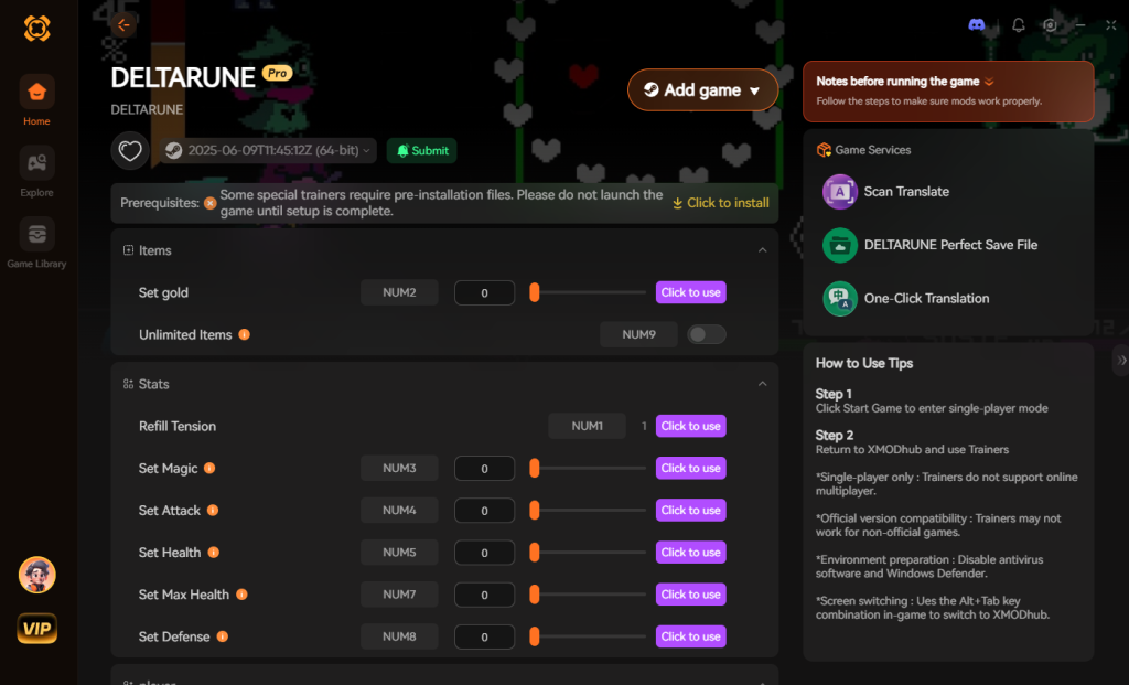 XMODhub trainer for DELTARUNE: Stats, health, and gold mods dashboard.