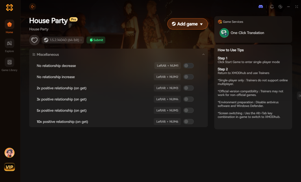 XMODhub trainer for House Party: Relationship and miscellaneous game mods.