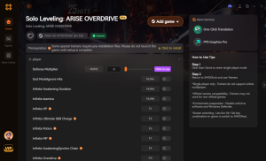 갓 모드, 무한 체력 치트 및 단축키가 표시된 Solo Leveling: ARISE OVERDRIVE PC 게임 트레이너 및 모드 인터페이스