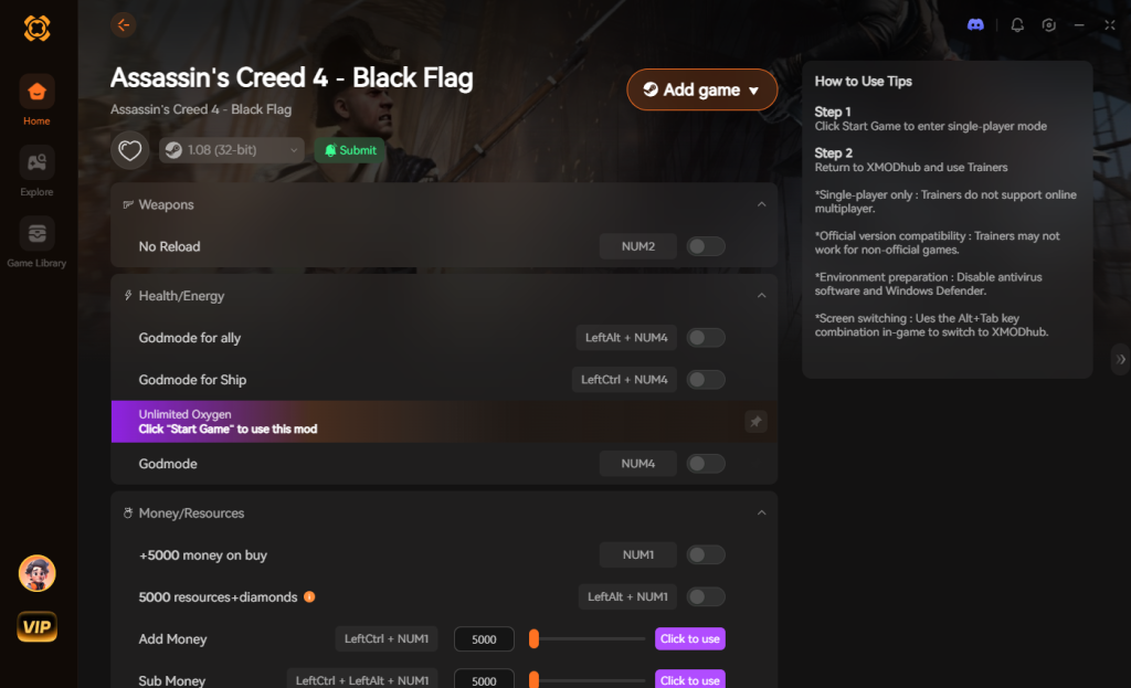 XMODhub trainer for Assassin's Creed 4: Black Flag – Weapon and health mods.