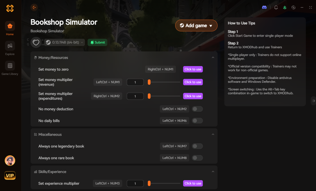 Bookshop Simulator trainer interface featuring money, miscellaneous, and skills options.