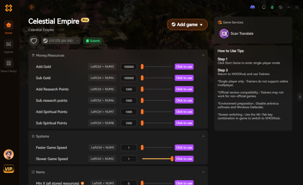 Celestial Empire trainer interface featuring money/resources, systems, and items options.