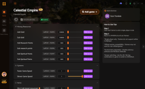 Celestial Empire trainer interface featuring money/resources, systems, and items options.