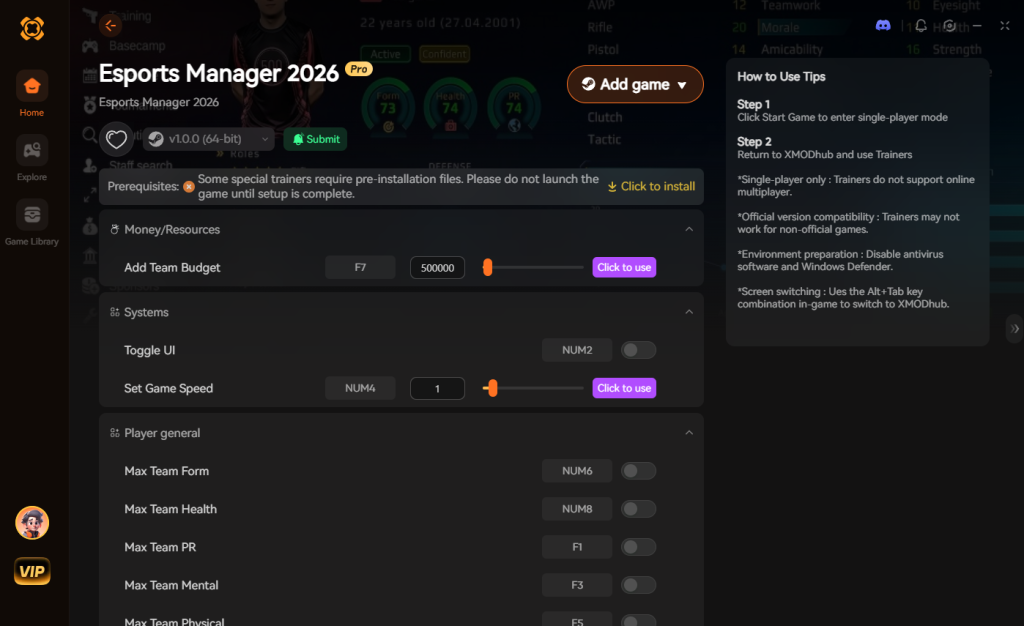 Esports Manager 2026 trainer interface
