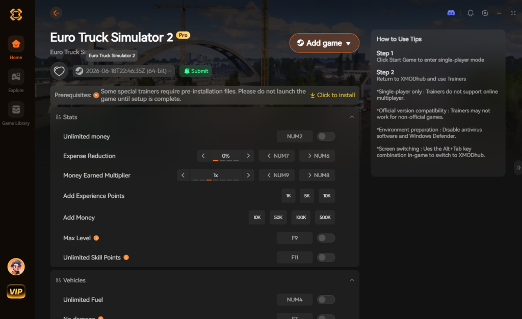Euro Truck Simulator 2 XMODhub trainer interface showing stats and vehicle options.