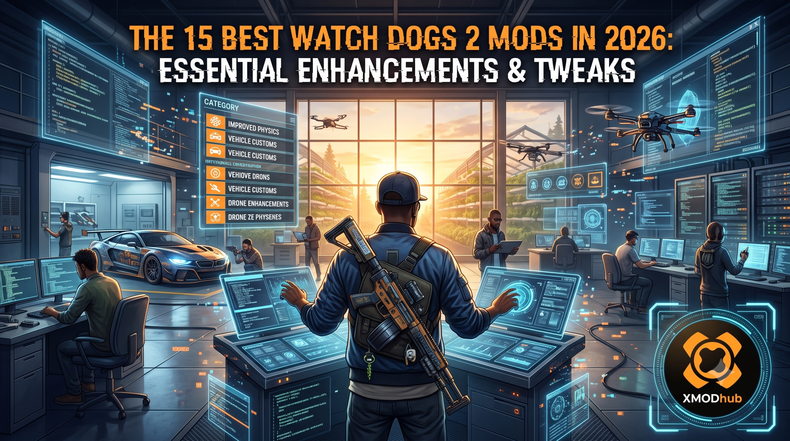 High-impact blog cover showing a detailed hacker's desk set-up at night with complex monitors and integrated XMODhub branding for a Watch Dogs 2 safe mods tool guide.