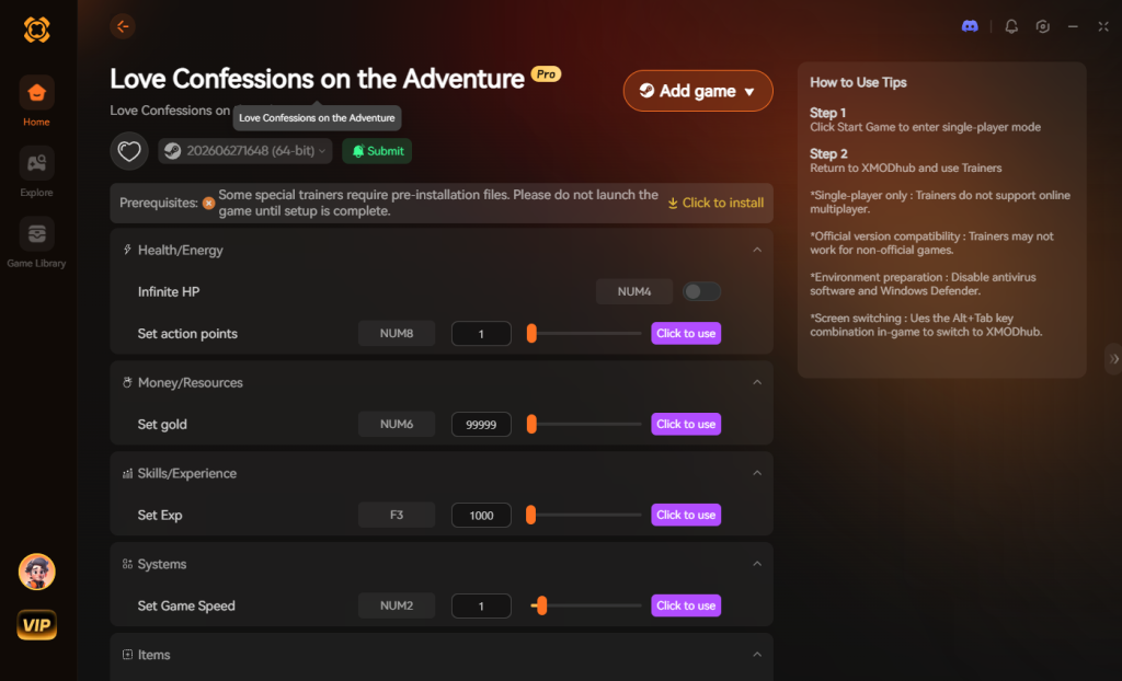 Love Confessions on the Adventure trainer interface