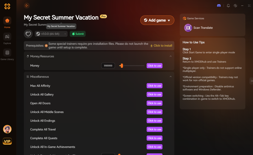My Secret Summer Vacation trainer interface
