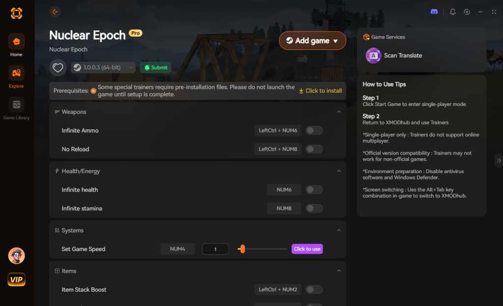 XMODhub Nuclear Epoch trainer: Infinite ammo, health, stamina, game speed, and item stack boost features.