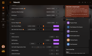 Captura de tela do menu do MOD Pro de Palworld mostrando personalizador de armas, mapa interativo, melhorias de qualidade DLSS e outros serviços de QoL no jogo