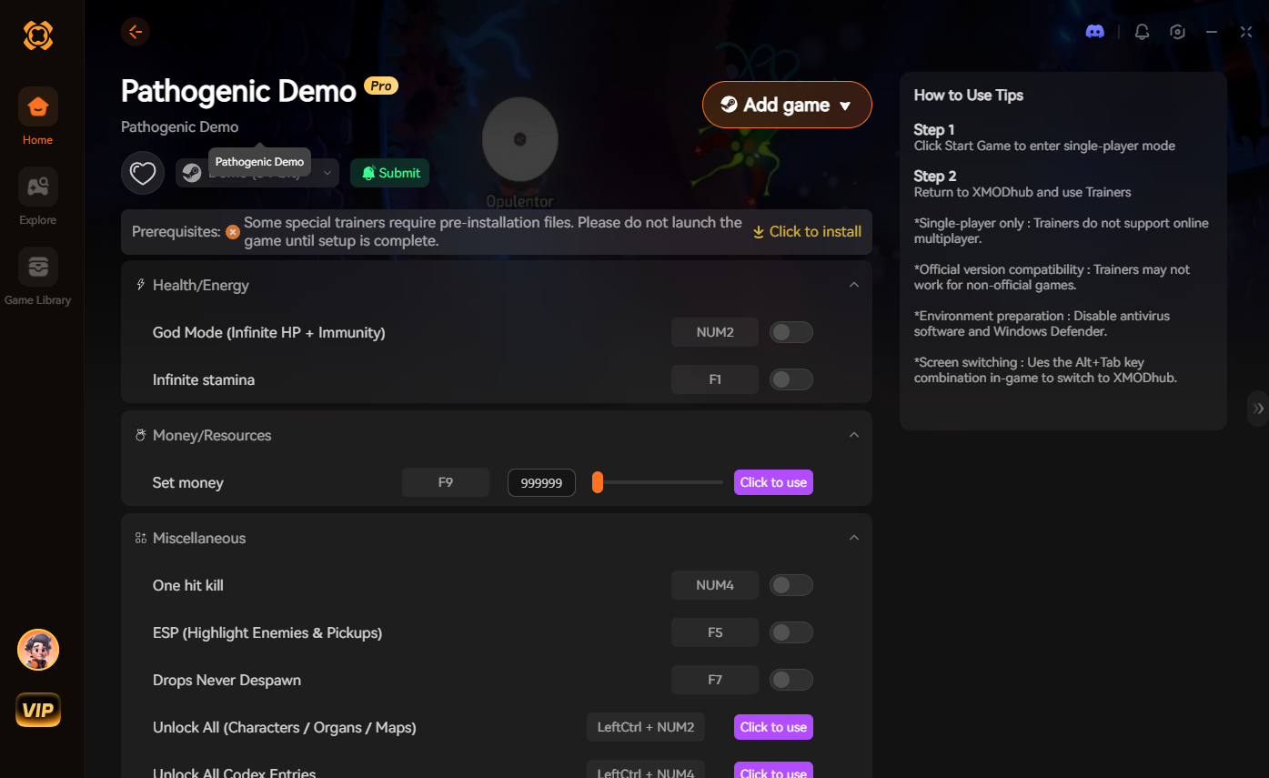 XMODhub Pathogenic Demo trainer: God mode, infinite stamina, set money, one hit kill, and ESP features.