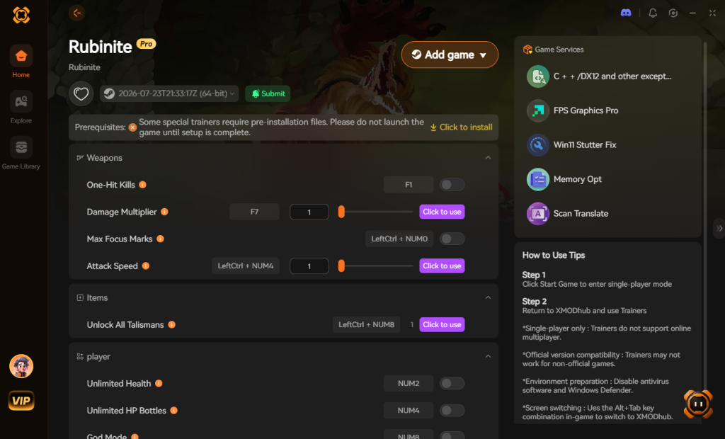 Rubinite trainer interface featuring weapons, items, and player options.