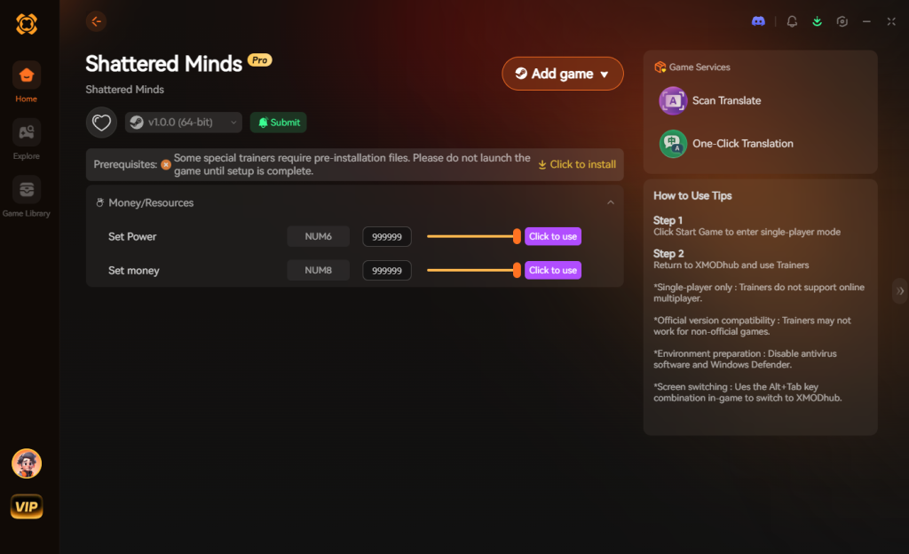 Shattered Minds XMODhub trainer interface with resource customization options.