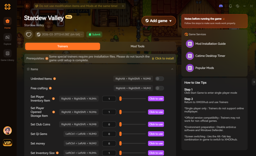 Stardew Valley trainer interface.