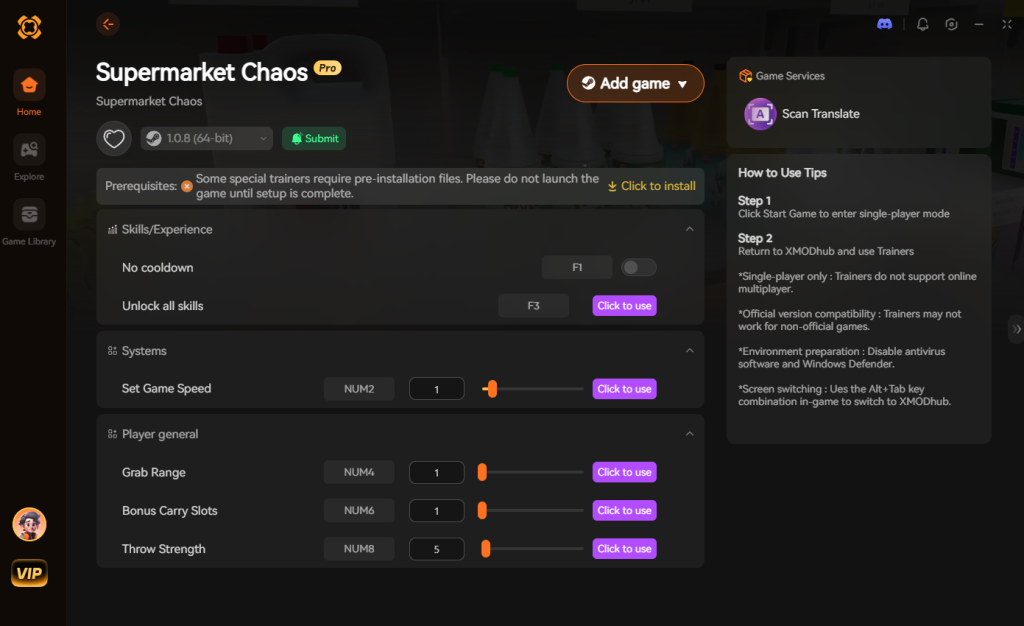 Supermarket Chaos trainer interface