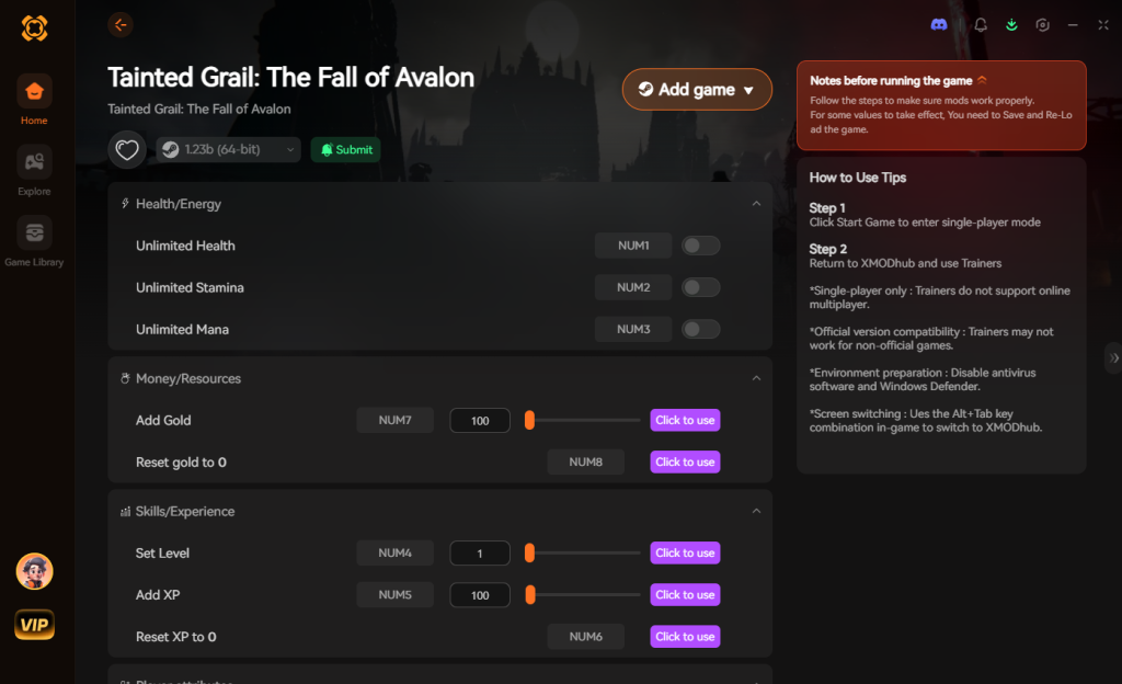 Интерфейс трейнера Tainted Grail: The Fall of Avalon с опциями здоровья/энергии, денег/ресурсов и навыков/опыта.