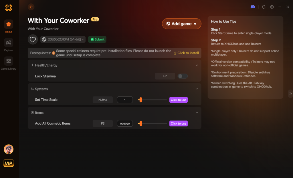 XMODhub With Your Coworker trainer: Lock stamina, set time scale, and add all cosmetic items.