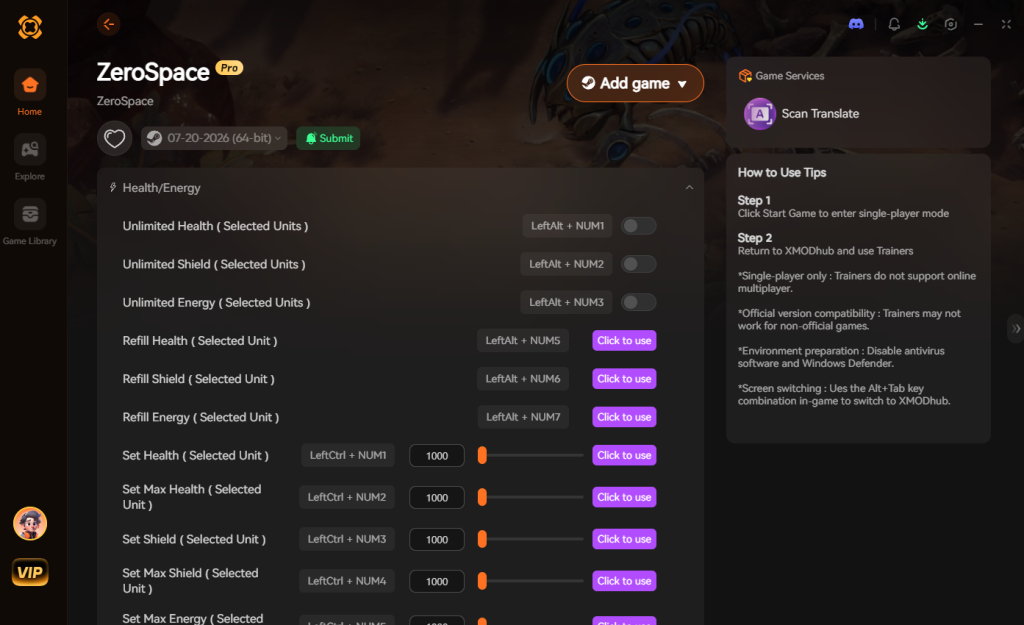 ZeroSpace trainer interface in XMODhub showing health and energy modification options