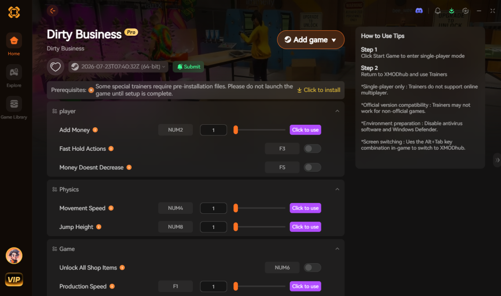 Dirty Business trainer interface featuring player, physics, and game options.
