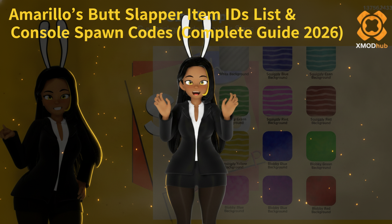 Amarillo’s Butt Slapper item IDs and console spawn codes guide thumbnail with XMODhub branding.