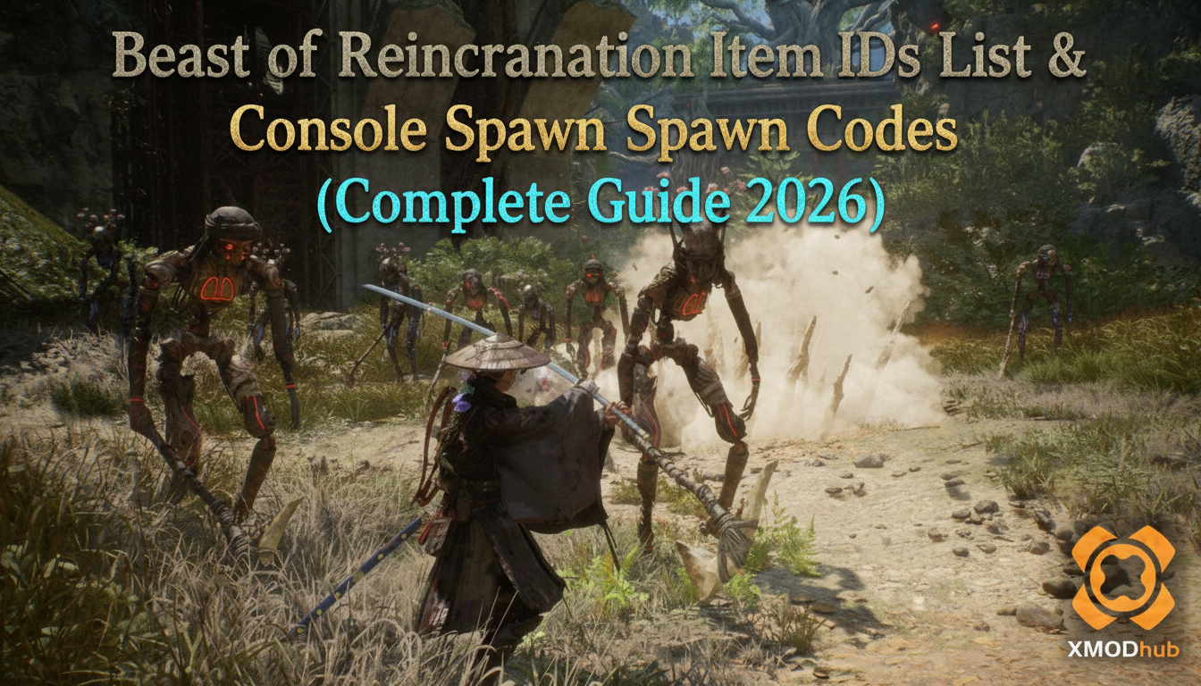Beast of Reincarnation item IDs list and console spawn codes guide thumbnail with XMODhub branding.