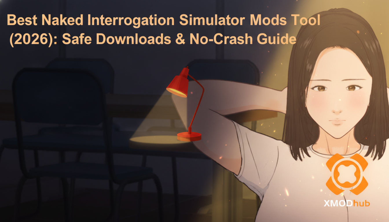 Naked Interrogation Simulator mods guide thumbnail with XMODhub branding.