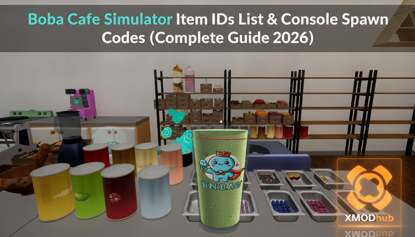Boba Cafe Simulator item IDs list and console spawn codes guide thumbnail with XMODhub branding.