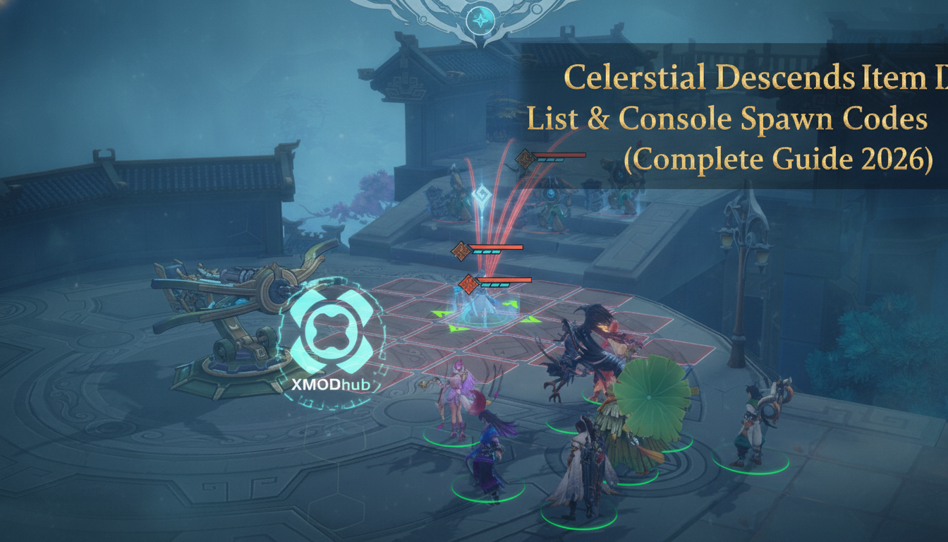 Celestial Descends item IDs list and console spawn codes guide thumbnail with XMODhub branding.