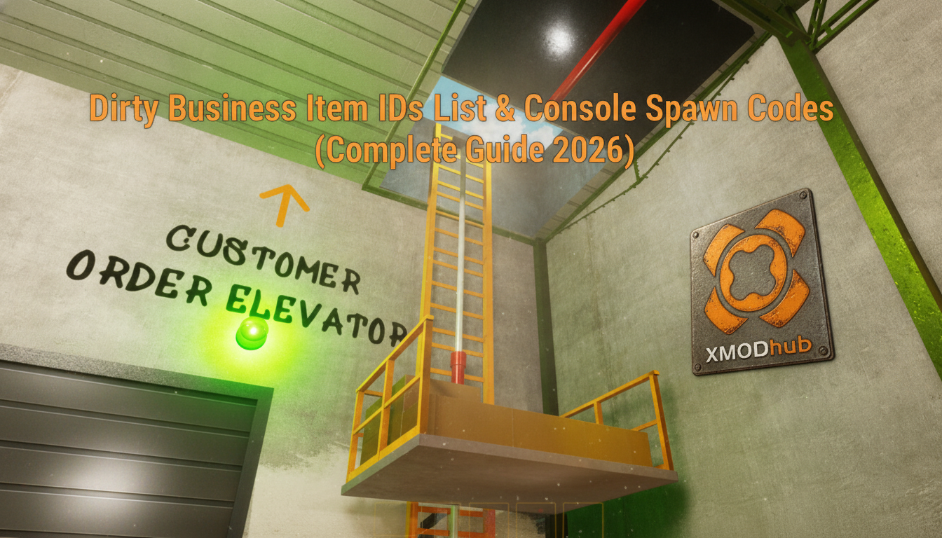 Dirty Business item IDs list and console spawn codes guide thumbnail with XMODhub branding.