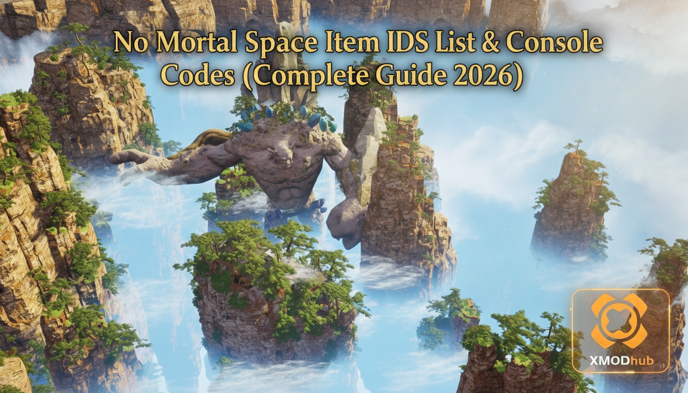 No Mortal Space item IDs list and console spawn codes guide thumbnail with XMODhub branding.