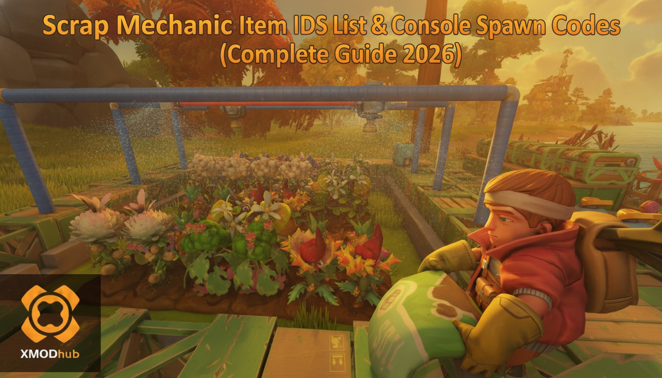 Scrap Mechanic item IDs list and console spawn codes guide thumbnail with XMODhub branding.