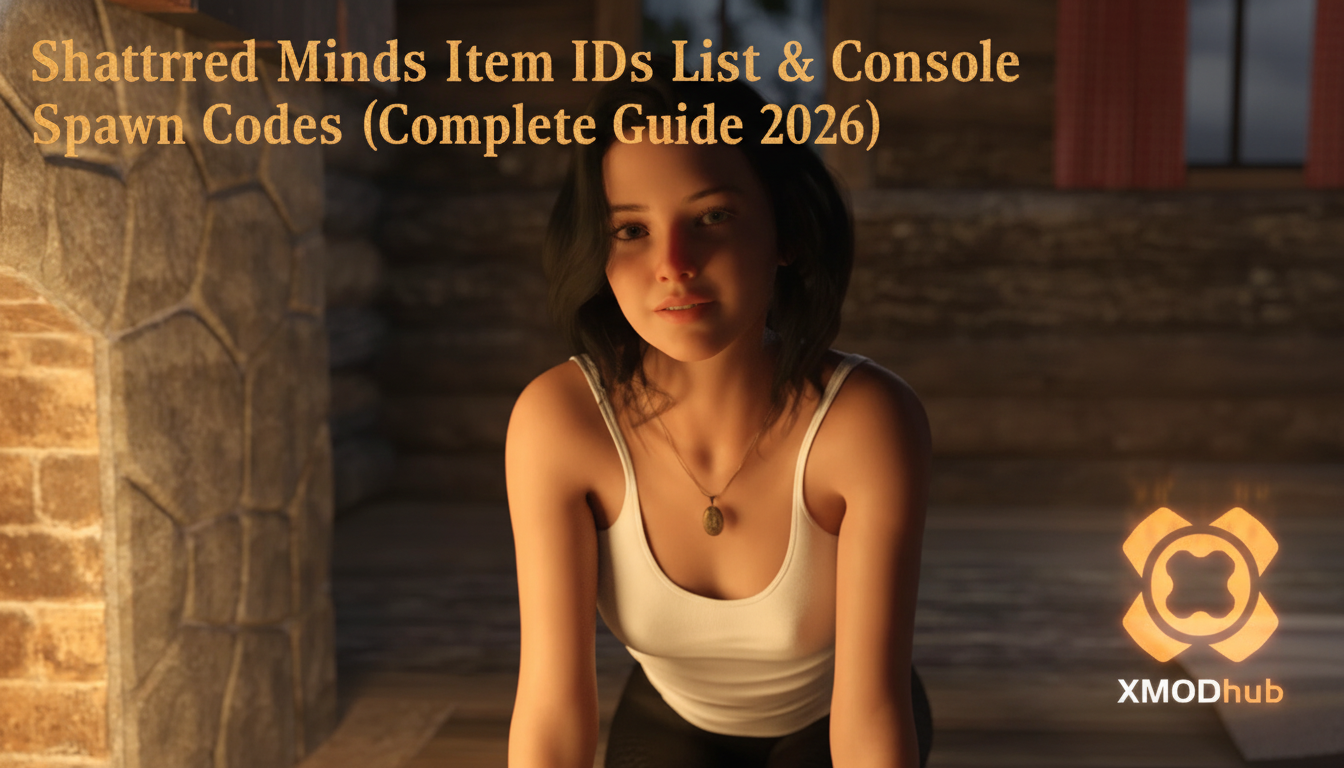 Shattered Minds item IDs and console spawn codes guide thumbnail with XMODhub branding.