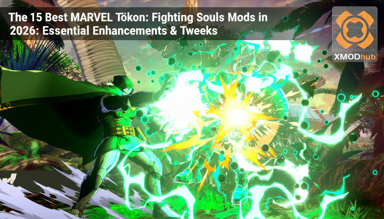 The 15 Best MARVEL Tōkon: Fighting Souls Mods in 2026: Essential Enhancements & Tweaks guide thumbnail with XMODhub branding.