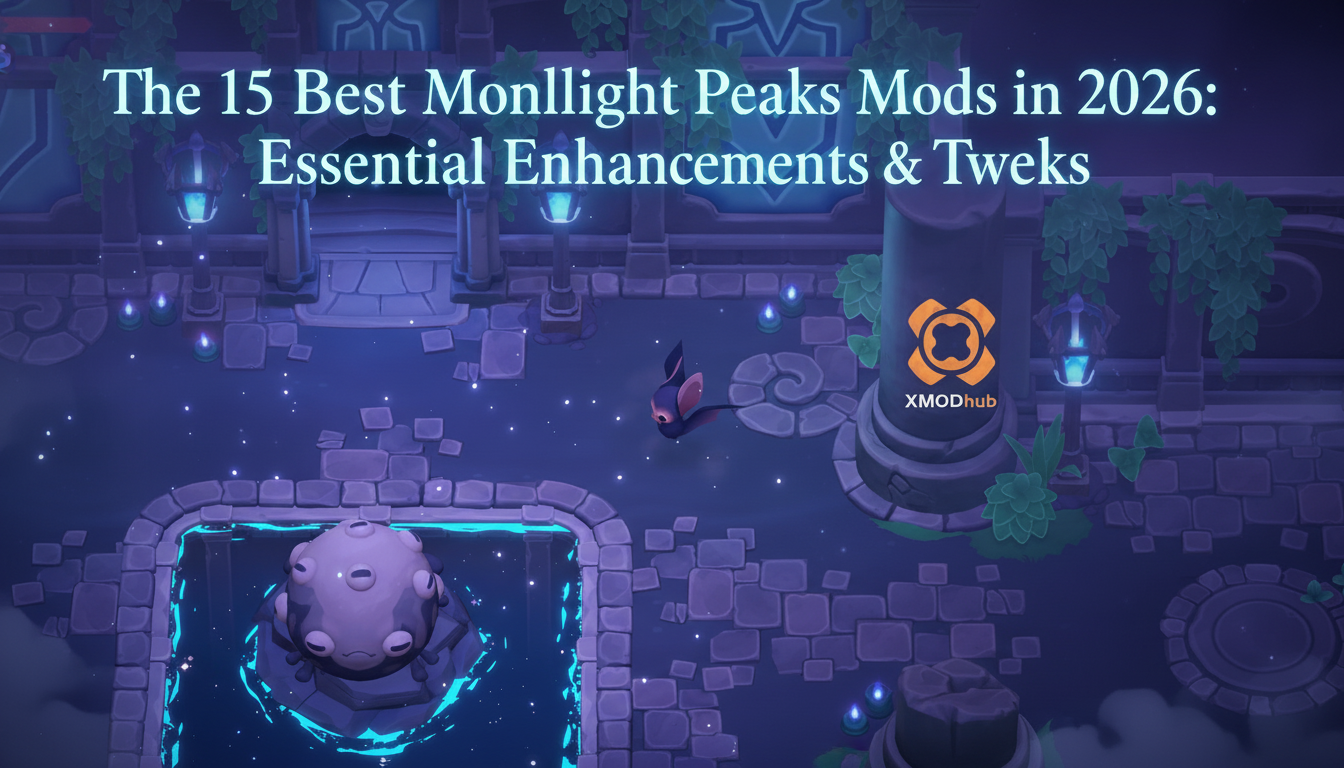 Top-down gameplay scene of Moonlight Peaks featuring a creature and water feature, with the XMODhub logo.