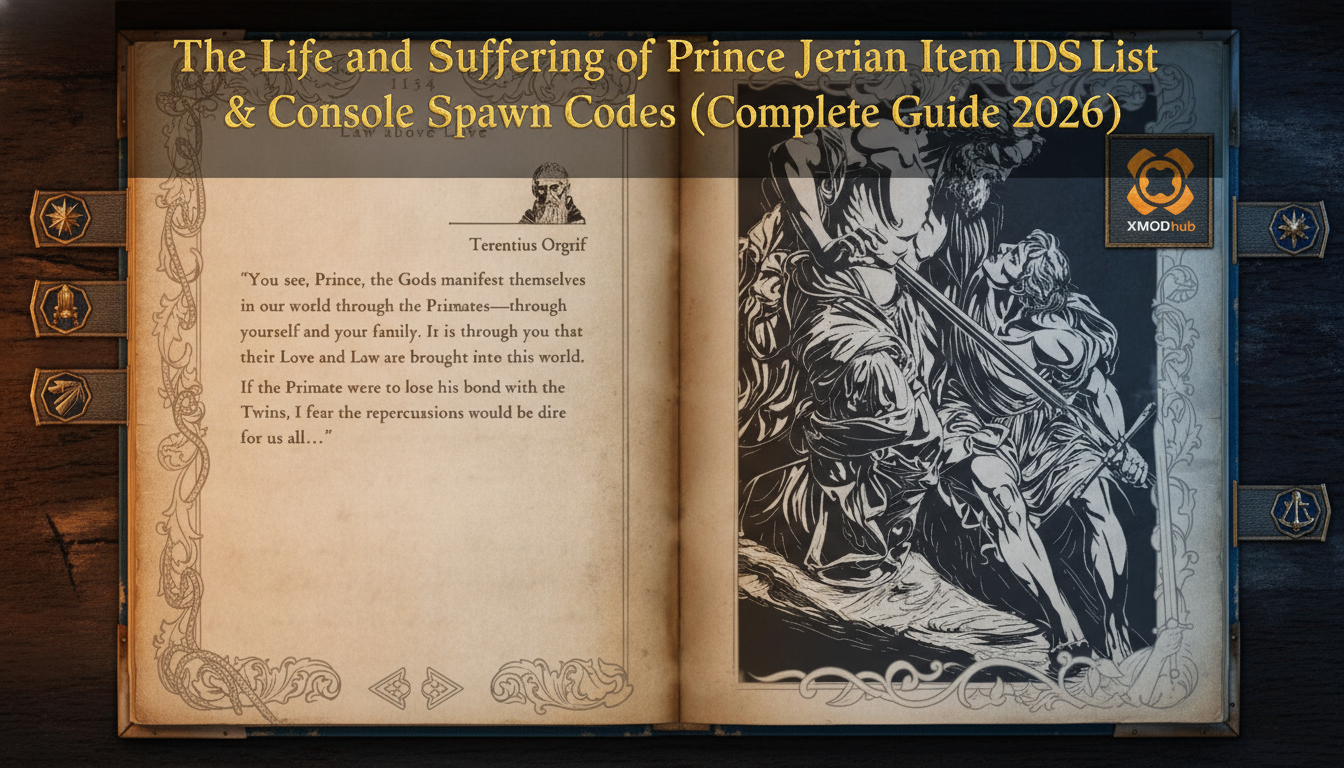 The Life and Suffering of Prince Jerian item IDs and console spawn codes guide thumbnail with XMODhub branding.