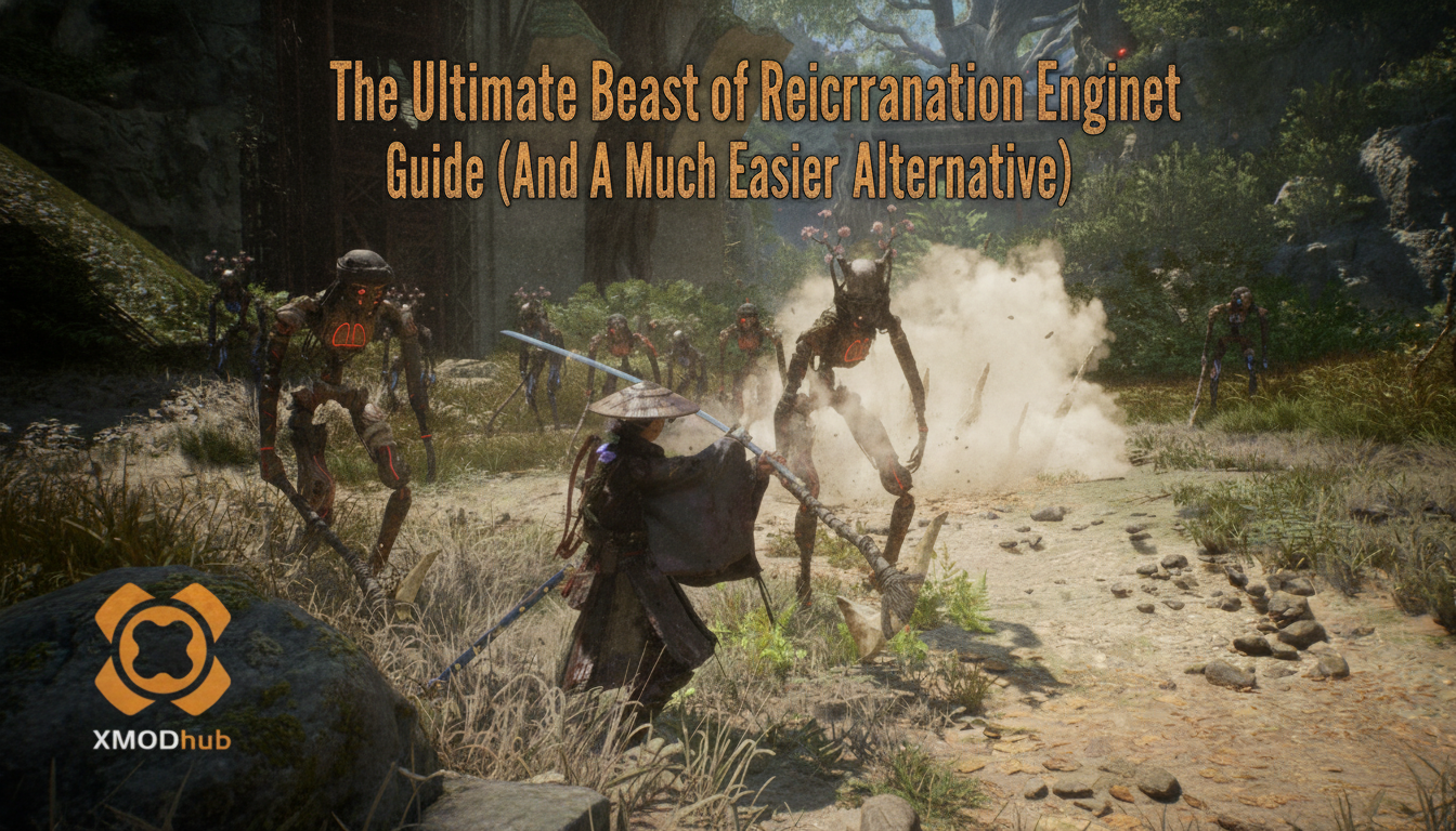 The Ultimate Beast of Reincarnation Cheat Engine guide thumbnail with XMODhub branding.