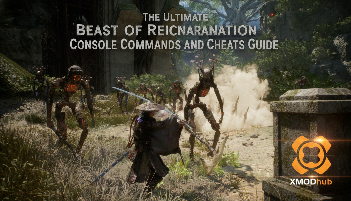 The Ultimate Beast of Reincarnation console commands and cheats guide thumbnail with XMODhub branding.