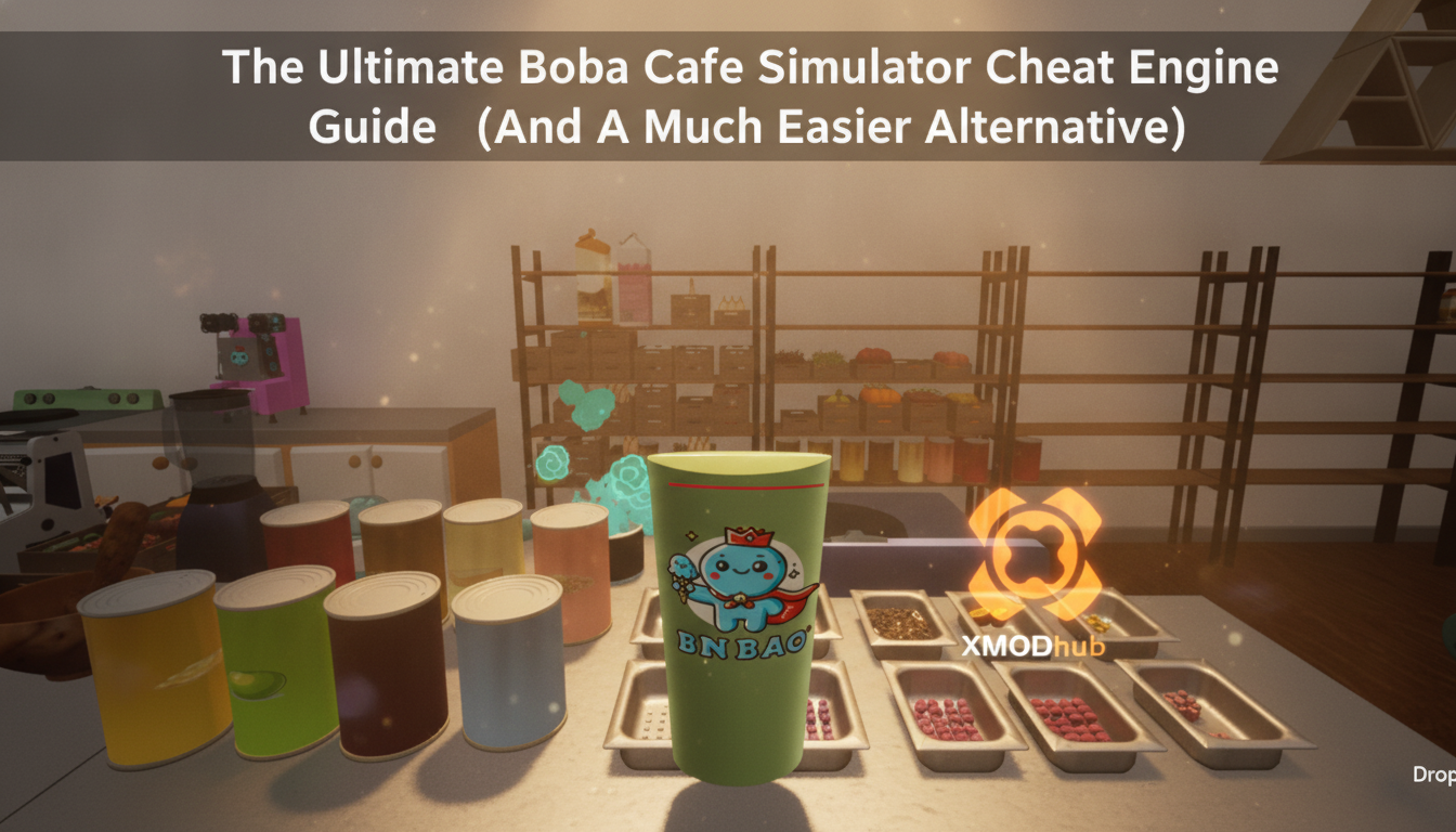 The Ultimate Boba Cafe Simulator Cheat Engine guide thumbnail with XMODhub branding.