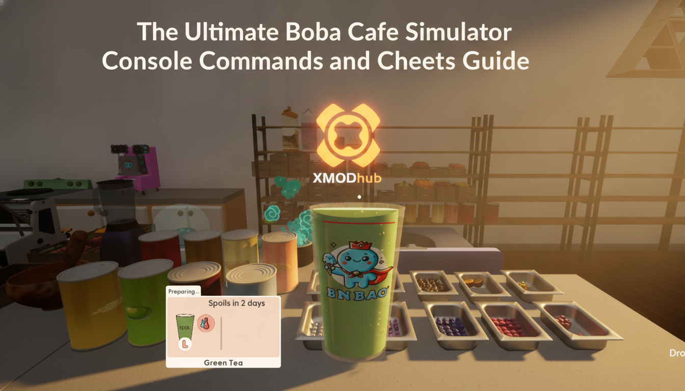 The Ultimate Boba Cafe Simulator console commands and cheats guide thumbnail with XMODhub branding.